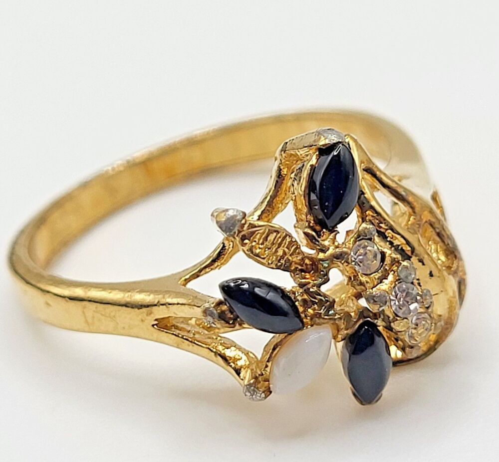 Black Onyx Moonstone Ring 18K GE Black & White Cocktail Ring Size 8.75